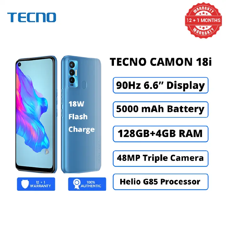 TECNO CAMON 18i 128GB+4GB RAM G85 48MP Triple Camera 6.6" 90Hz HD+ 5000mAh 18W Flash Charge Dual SIM 4G LTE Smart PhonesCAMON18i