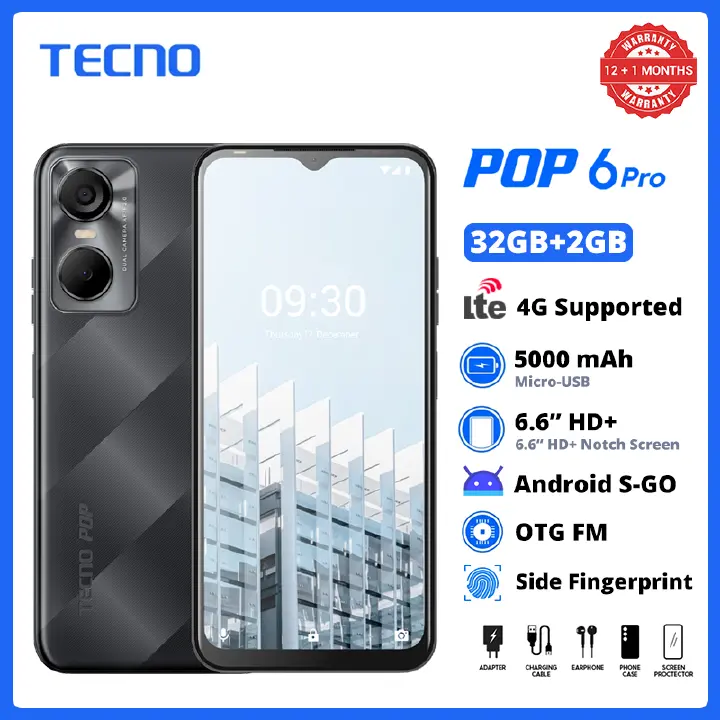 TECNO POP 6 PRO 32GB Storage 2GB RAM Dual 4G LTE SIM Side Fingerprint 6.6" 5000 mAh Battery 8MP+5MP Camera OTG Smart Mobile Phones