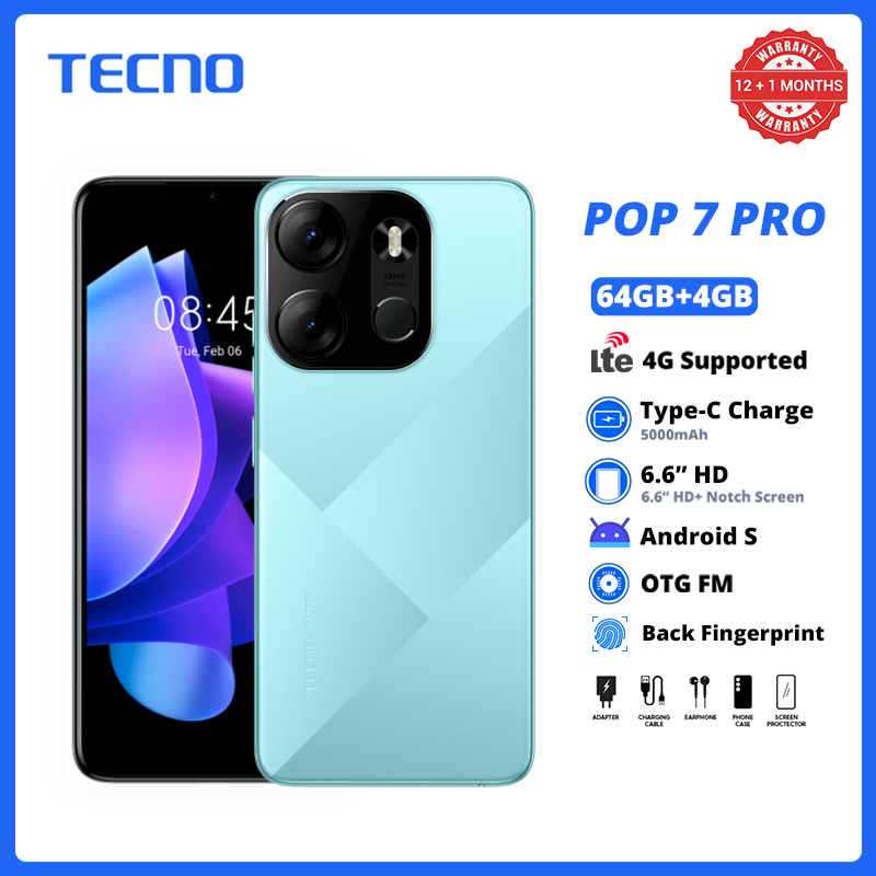 TECNO POP 7 PRO 64GB+ 6(3+3)GB RAM 4G-Dual SIM 10W Type-C Charge Dual 4G LTE 6.56" HD 13M Camera 5000 mAh Battery Back Fingerprint Smart Phones Uyuni Blue,64GB+4GB