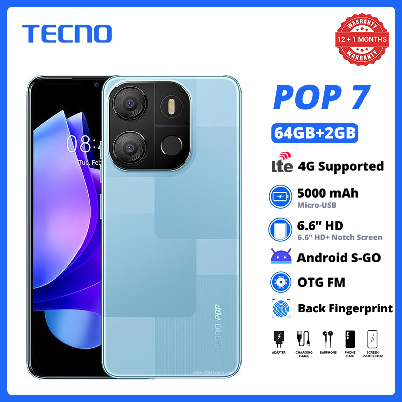 [Limited Offer] TECNO POP 7 64GB + 2GB 6.6" HD+ Big Screen Dual SIM 4G LTE Network 8MP AI Dual Camera 5000mAh Face ID+Rear Fingerprint Unlock OTG Smart Phones