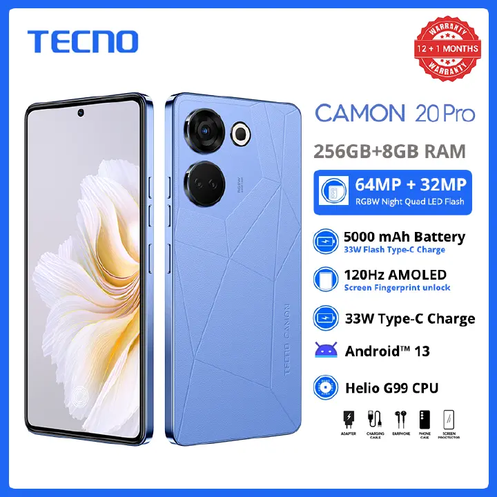 TECNO CAMON 20 PRO 256GB+8GB 6.67'' 120Hz AMOLED 64MP 5000mAh 33W Flash Charge Dual SIM 4G Andriod 13 Screen Fingerprint Unlock Smart Phones