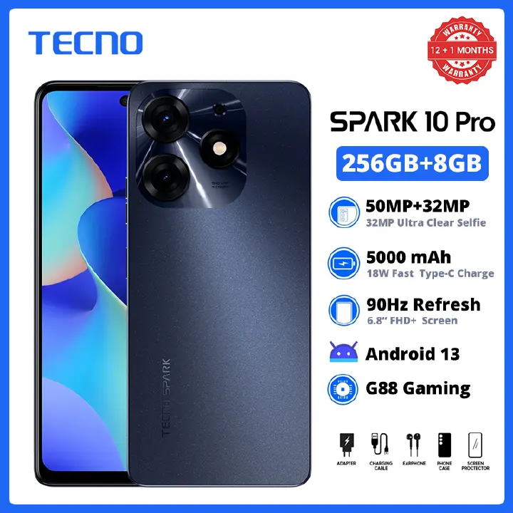 [Clearance Sale] TECNO SPARK 10 PRO 256GB+8GB RAM 6.8" FHD+ 90Hz 50MP+32MP Camera 5000mAh 18w Type-c Charge Side Fingerprint Dual SIM Smart Phones