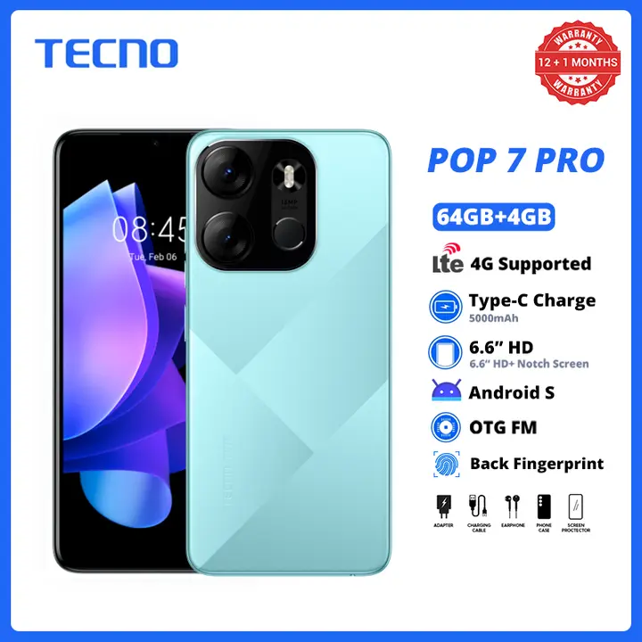TECNO POP 7 PRO 64GB+ 6(3+3)GB RAM 4G-Dual SIM 10W Type-C Charge Dual 4G LTE 6.56" HD 13M Camera 5000 mAh Battery Back Fingerprint Smart Phones