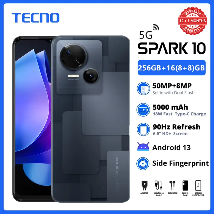 TECNO SPARK 10 5G 256GB +16(8+8)GB RAM 50MP Android 13 90Hz 6.6" HD+ Display Dual SIM 5000mAh 18W Fast Charge Side Fingerprint Smart Phones