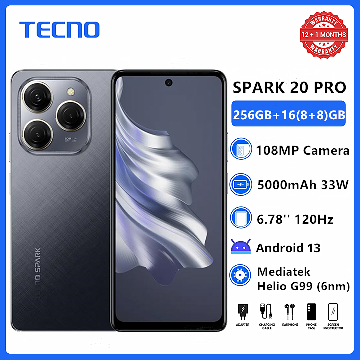 TECNO SPARK 20 PRO 256GB+16(8+8)GB RAM 108MP Triple Camera 120Hz 6.78" Mediatek Helio G99 Dual Speakers Android 13 5000mAh 33W Smart Phones phone