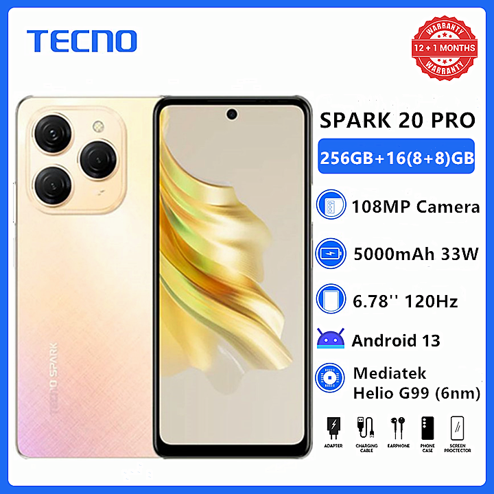 TECNO SPARK 20 PRO 256GB+16(8+8)GB RAM 108MP Triple Camera 120Hz 6.78" Mediatek Helio G99 Dual Speakers Android 13 5000mAh 33W Smart Phones phone