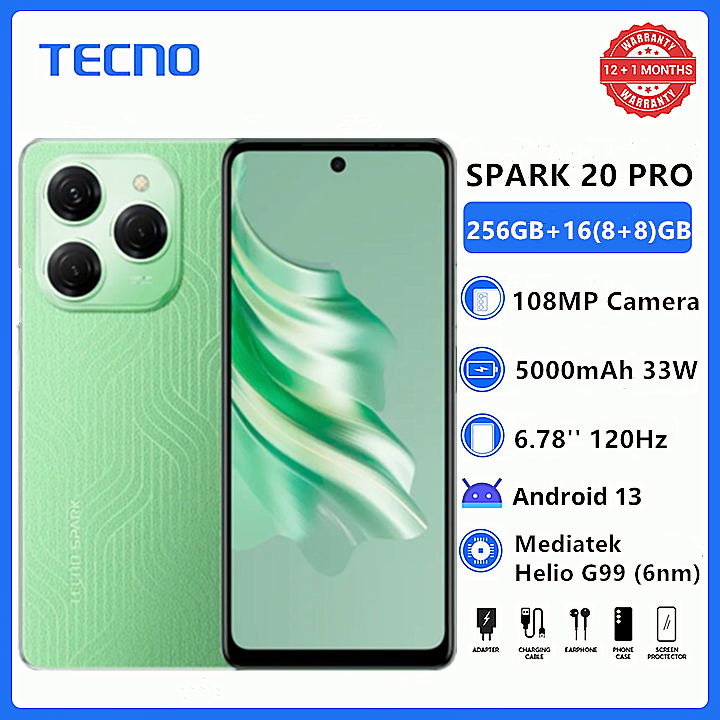 [Tech Week] TECNO SPARK 20 PRO 256GB+16(8+8)GB RAM 108MP Triple Camera 120Hz 6.78" Mediatek Helio G99 Dual Speakers Android 13 5000mAh 33W Smart Phones phone Magic Skin Green,256GB+16(8+8)GB