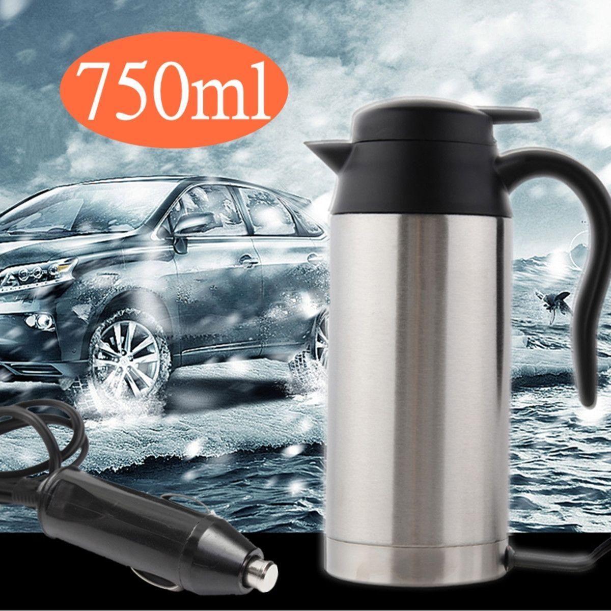 24V/12V Stainless Steel Electric In-Car Kettle Car Travel Heating Water Bottle 750ml
