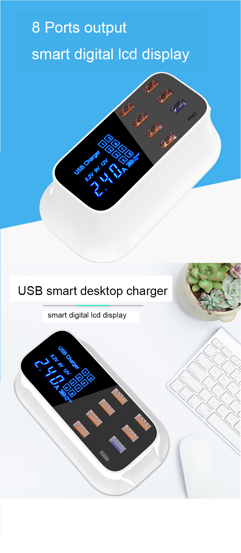Multi Port USB Charger 8 Port HUB Quick Charge 3.0 Desktop Multiple LED Desktop USB Fast Charging