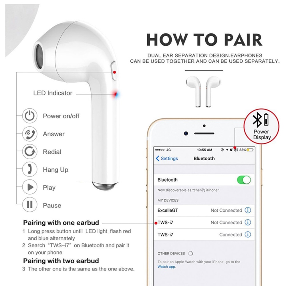 TWS Wireless Bluetooth Earphones I7 Sport Earbuds Headset i7s With Mic For Xiaomi Samsung Huawei