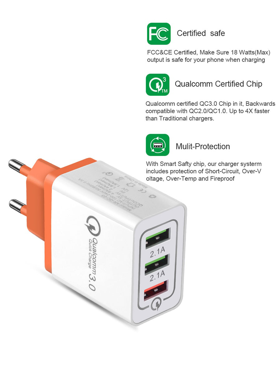 3 USB Quick Charge 3.0 USB Charger For iPhone 8 Plus Samsung S8 Fast Charger QC 3.0 USB Adapter