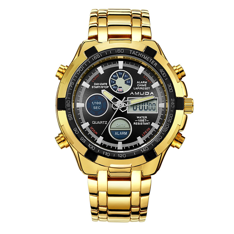 Luxury Gold Fashion Business Men Quartz-Watch Golden Rhinestone Male Wrist Watch