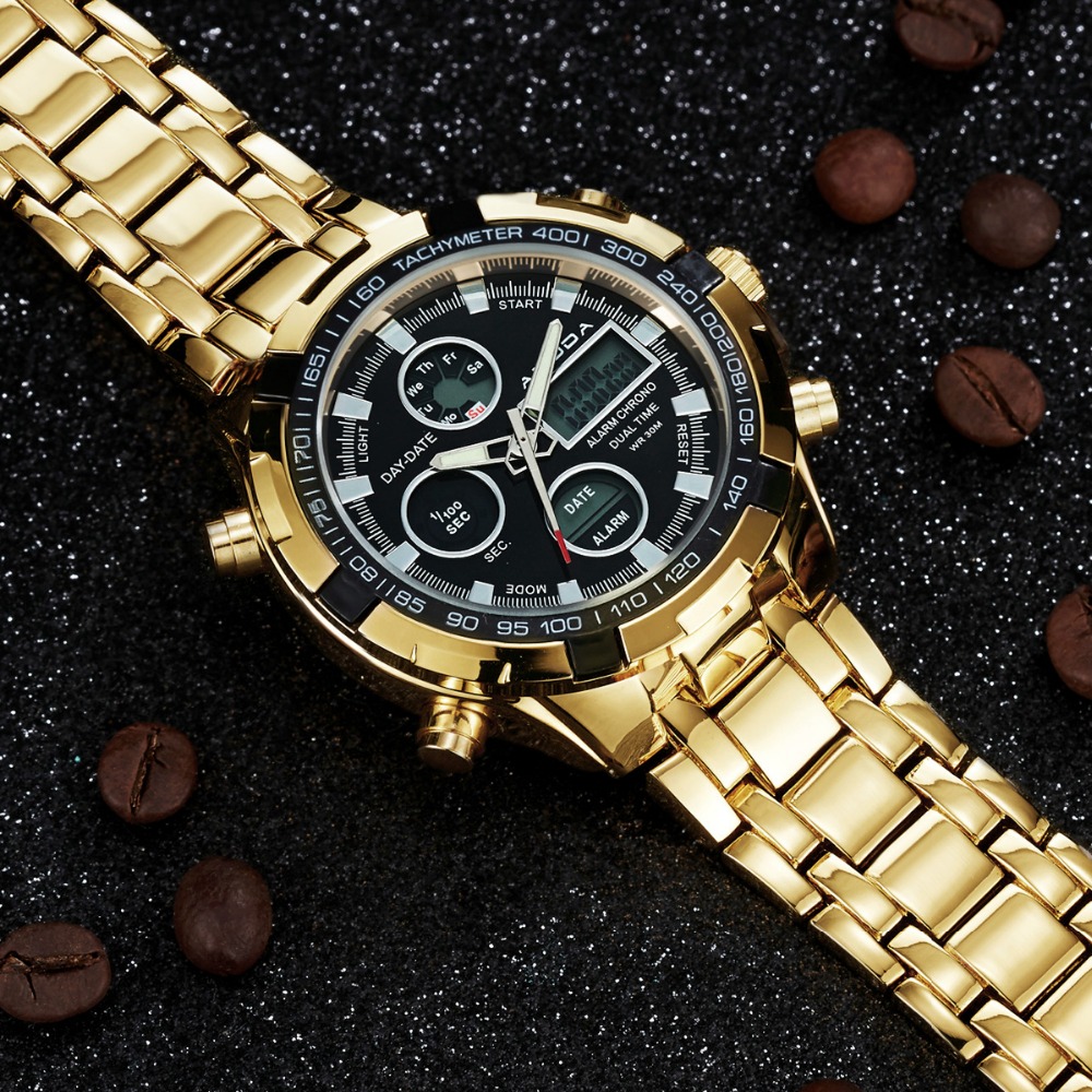 Luxury Gold Fashion Business Men Quartz-Watch Golden Rhinestone Male Wrist Watch
