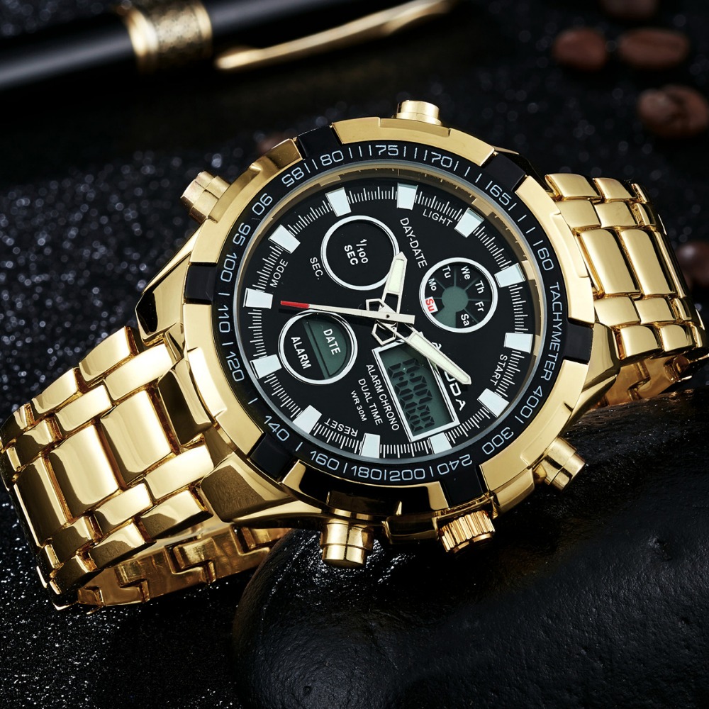 Luxury Gold Fashion Business Men Quartz-Watch Golden Rhinestone Male Wrist Watch