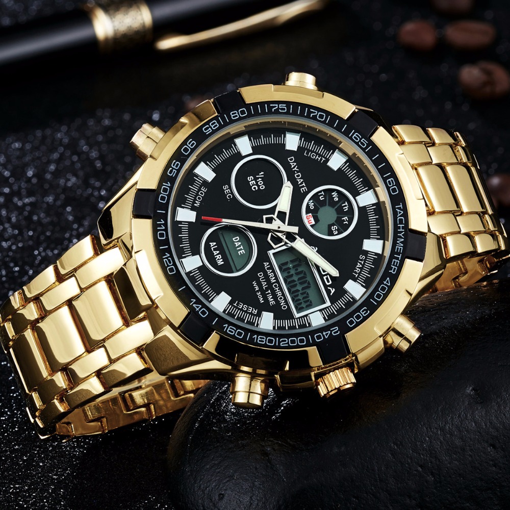 2017 Fashion Watches Men Luxury Brand AMUDA Gold Golden Watches Men Sports Quartz-watch Dual Time