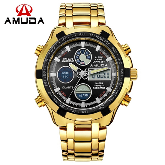 2017 Fashion Watches Men Luxury Brand AMUDA Gold Golden Watches Men Sports Quartz-watch Dual Time