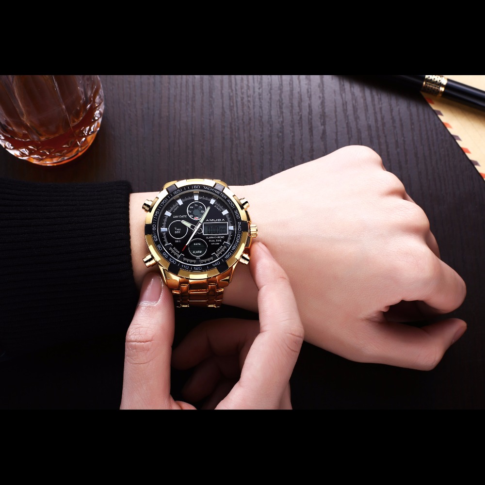 2017 Fashion Watches Men Luxury Brand AMUDA Gold Golden Watches Men Sports Quartz-watch Dual Time