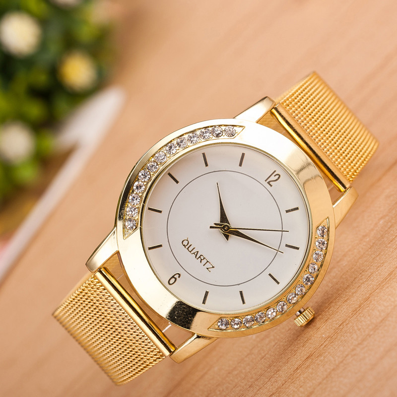 Luxury Ladies Women Clock Wrist Watches Crystal Golden Stainless Steel Hour Quartz Watches
