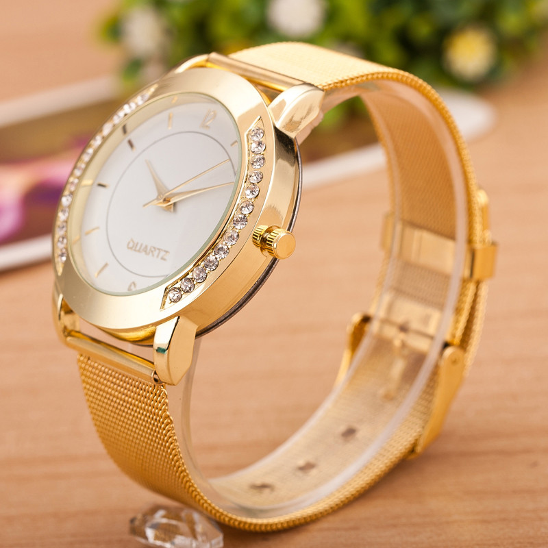 Luxury Ladies Women Clock Wrist Watches Crystal Golden Stainless Steel Hour Quartz Watches