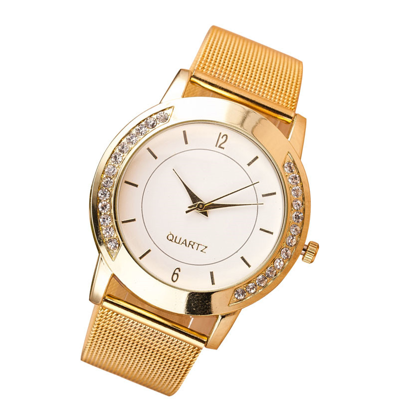 Luxury Ladies Women Clock Wrist Watches Crystal Golden Stainless Steel Hour Quartz Watches