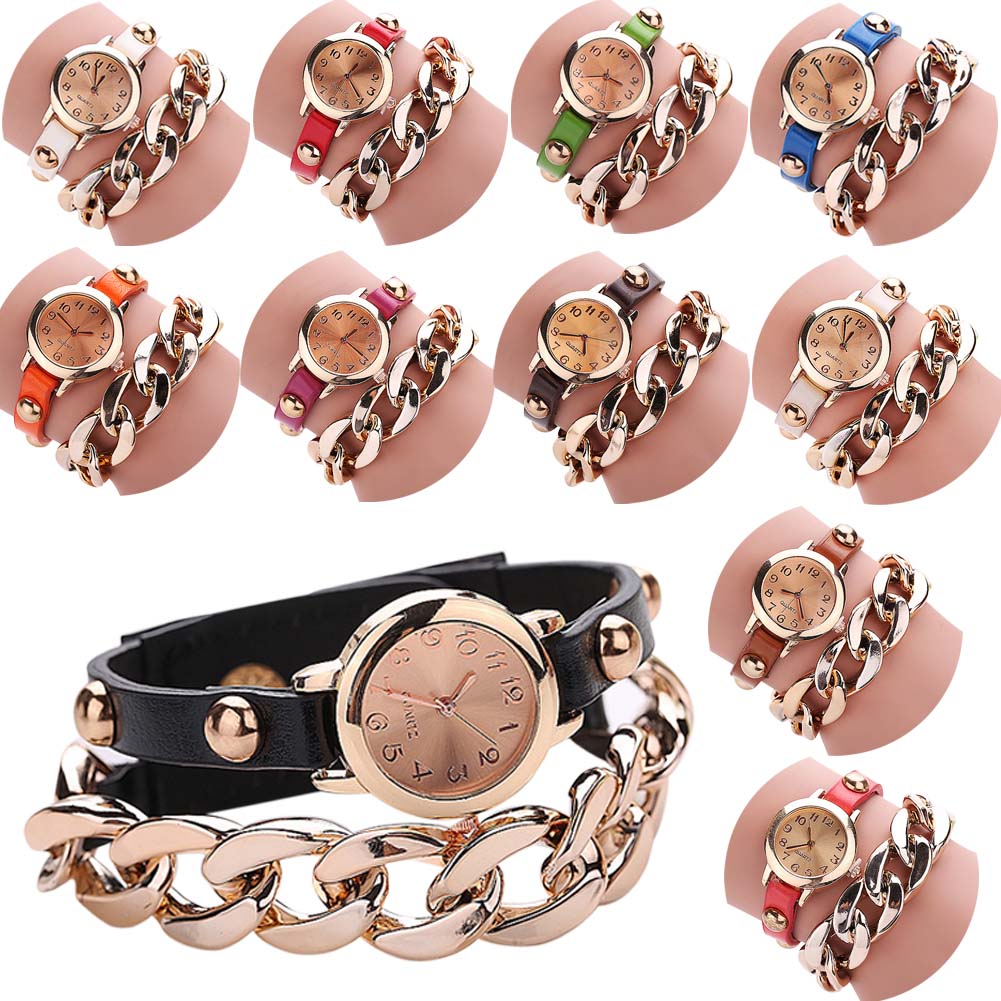 2017 Hot Sell Korean Style Retro Bracelet Watches Cool Women&apos;s Golden Leather Chain Quartz Watch
