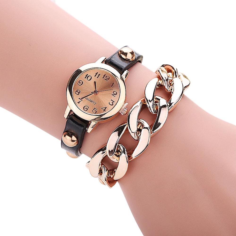 2017 Hot Sell Korean Style Retro Bracelet Watches Cool Women&apos;s Golden Leather Chain Quartz Watch