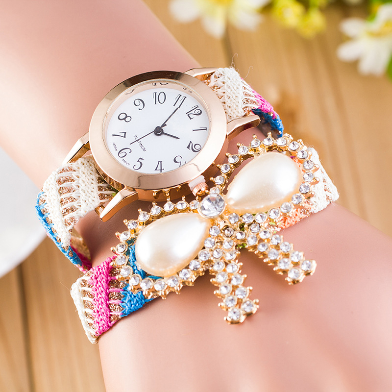 Ladies Bohemia Wrist Watch Synthetic Pearl Bow Knitting Chain Bracelet Strap Watches
