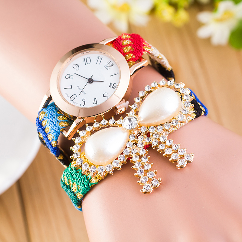 Ladies Bohemia Wrist Watch Synthetic Pearl Bow Knitting Chain Bracelet Strap Watches