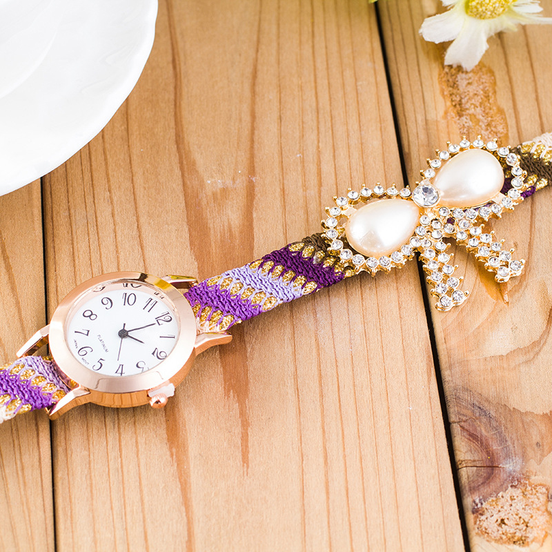 Ladies Bohemia Wrist Watch Synthetic Pearl Bow Knitting Chain Bracelet Strap Watches
