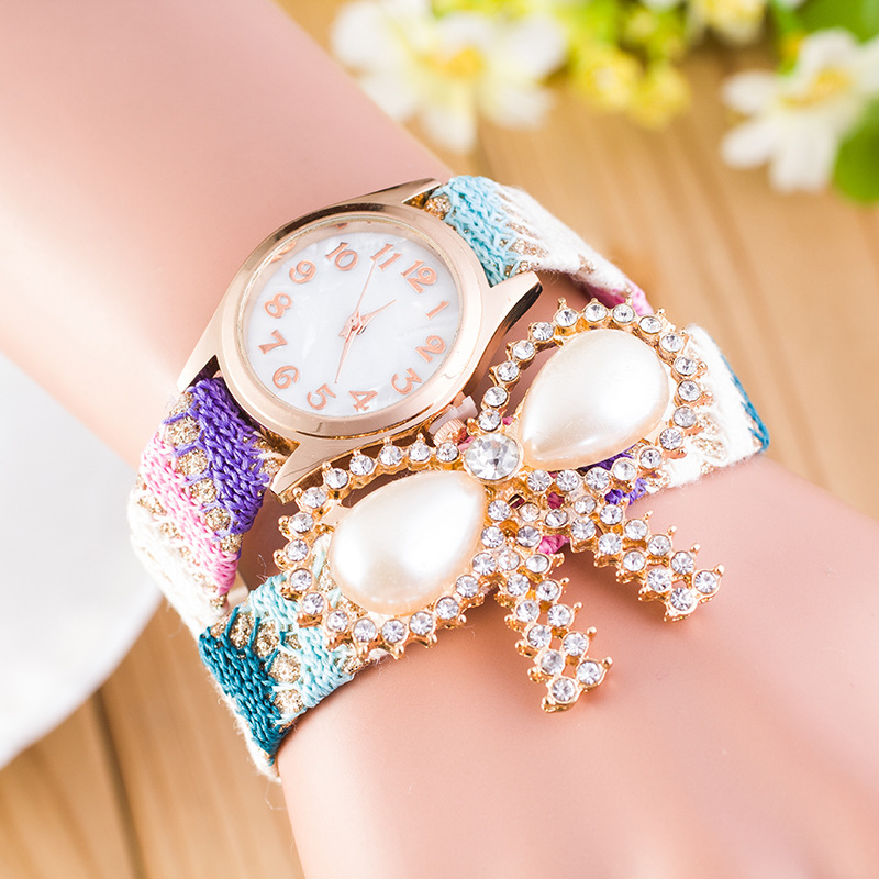 Ladies Bohemia Wrist Watch Synthetic Pearl Bow Knitting Chain Bracelet Strap Watches