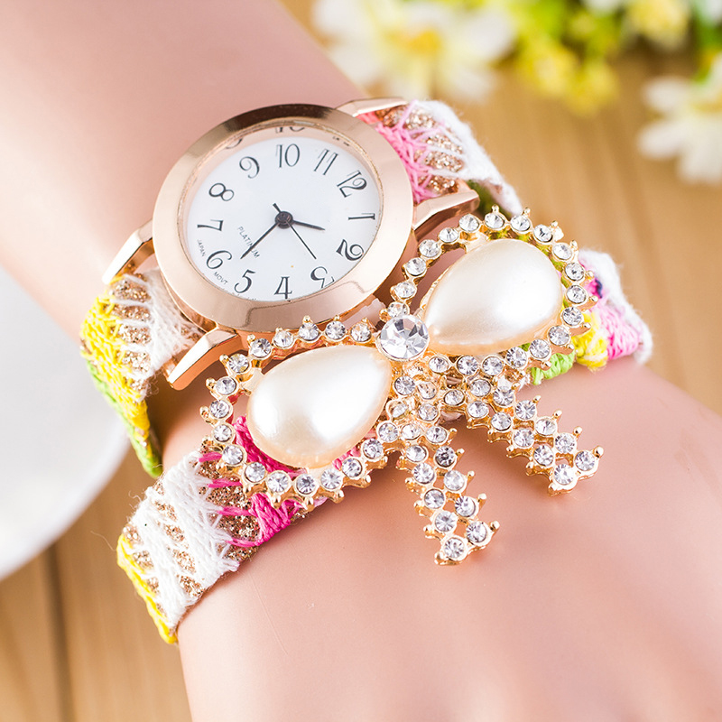Ladies Bohemia Wrist Watch Synthetic Pearl Bow Knitting Chain Bracelet Strap Watches