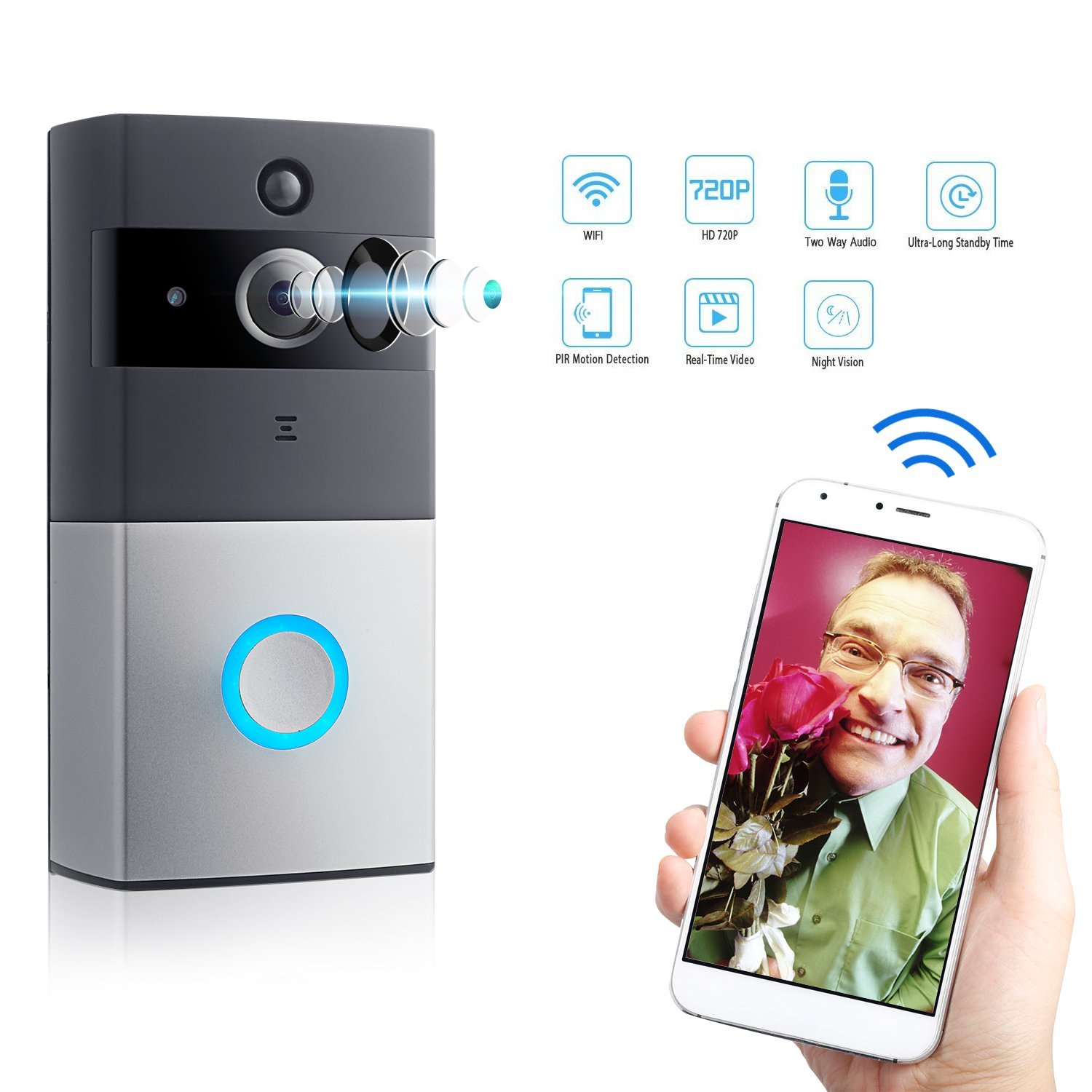 Wireless Wi-Fi Video Doorbell Cam, 720P HD Security Camera, Night Vision, IOS/ Android