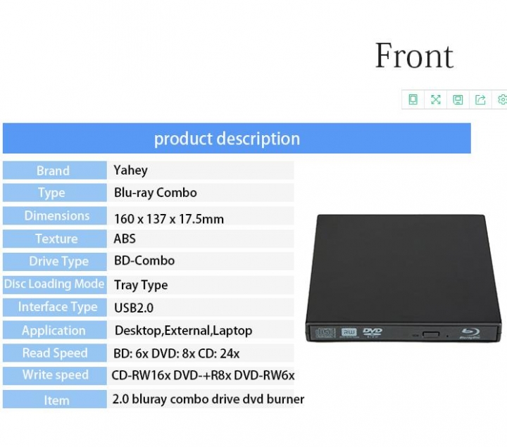 Bluray Player External DVD Drive combo USB 2.0 BD/DVD/CD-ROM Player CD/DVD-RW Burner Recorder