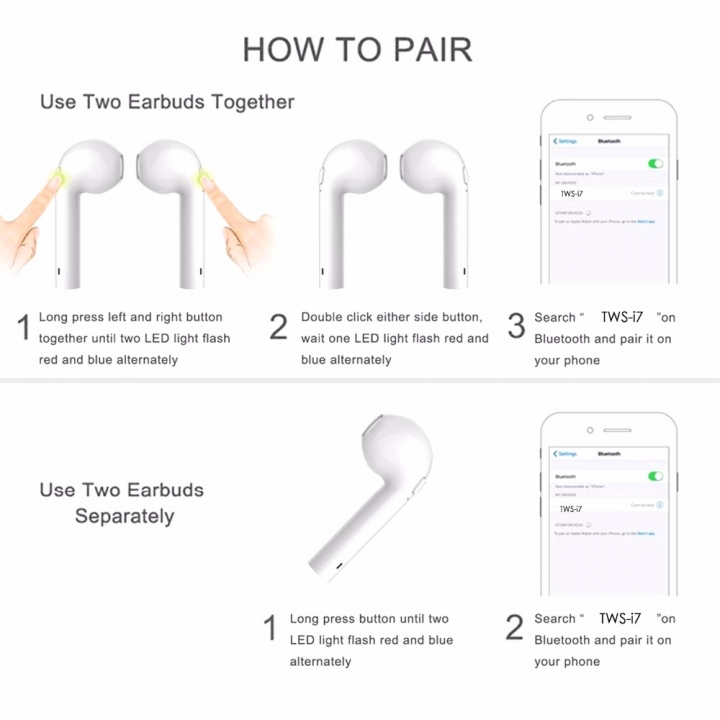 1 Pair Wireless Bluetooth Earphones In-Ear Music Earbuds Set Stereo Headset for iphone/Android Phone