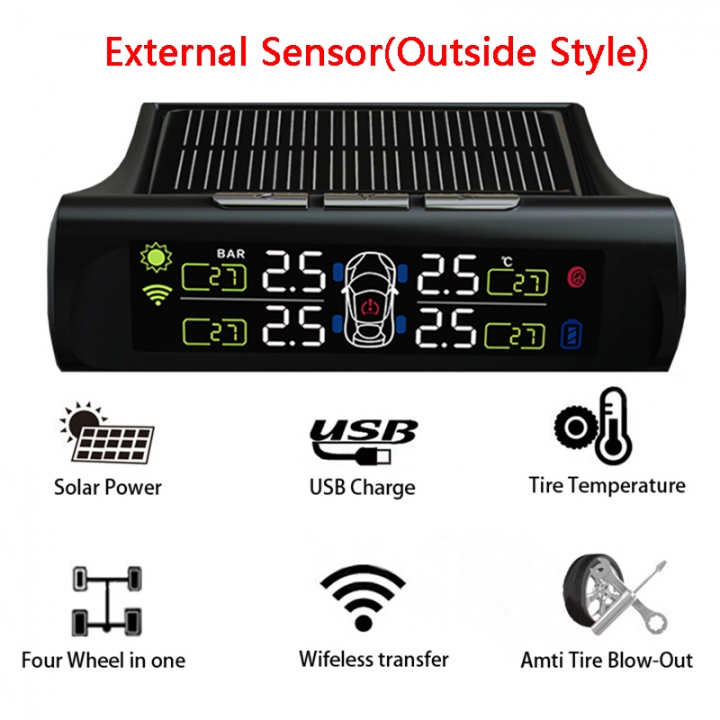 Car TPMS Alarm Tire Pressure Sensor System Solar Power Wireless LCD Monitor External Sensors
