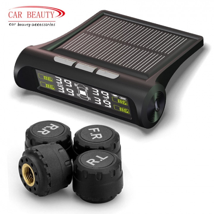 Car TPMS Alarm Tire Pressure Sensor System Solar Power Wireless LCD Monitor External Sensors