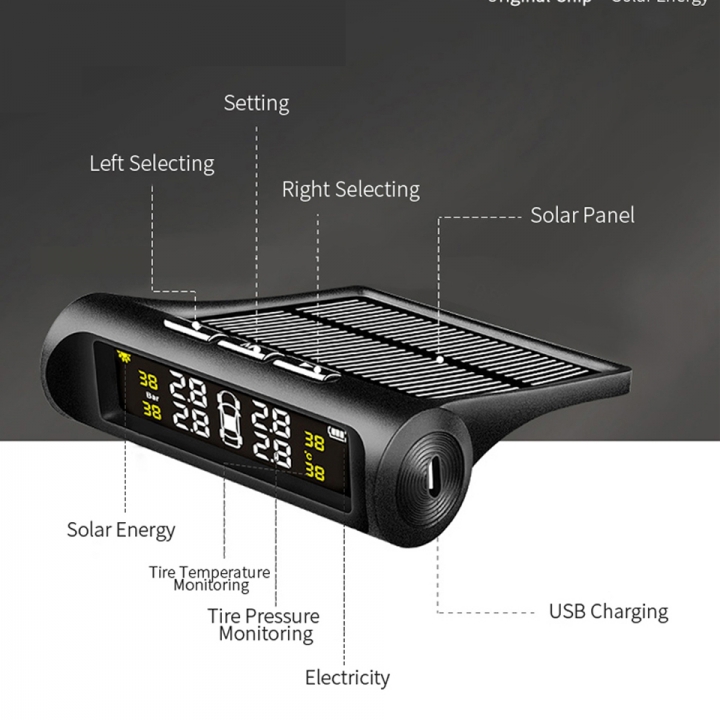 Car TPMS Alarm Tire Pressure Sensor System Solar Power Wireless LCD Monitor internal Sensors
