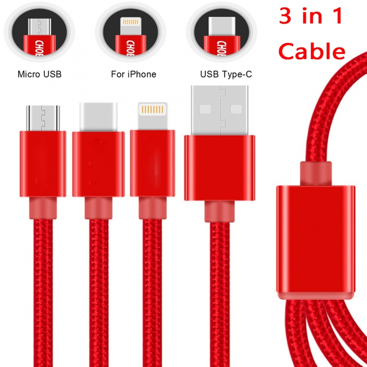 Micro USB Type C Lightning Cable Mobile Phone Cables 3 in 1 Nylon Braided Multiple Charging Cable