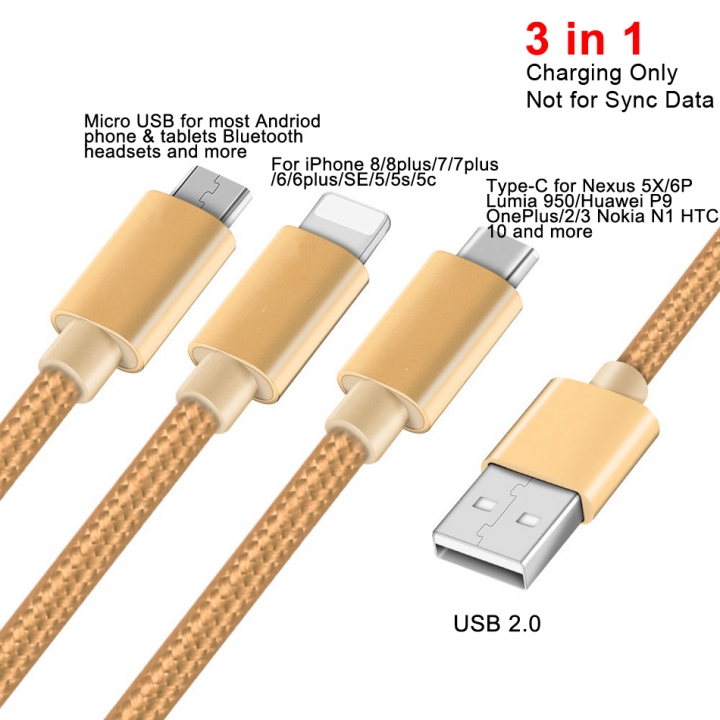 Micro USB Type C Lightning Cable Mobile Phone Cables 3 in 1 Nylon Braided Multiple Charging Cable