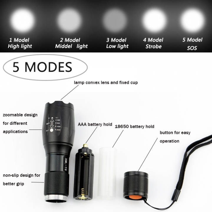 Aluminum Waterproof Zoomable Cree Led Flashlight Torch Tactical light AAA 18650 Rechargeable Battery