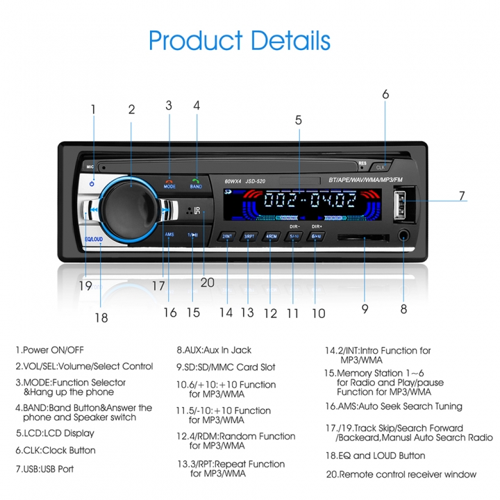 Bluetooth Car Audio Stereo Car Radio 12V FM Aux Input Receiver USB MP3 MMC WMA Car Radio Mp3 Player