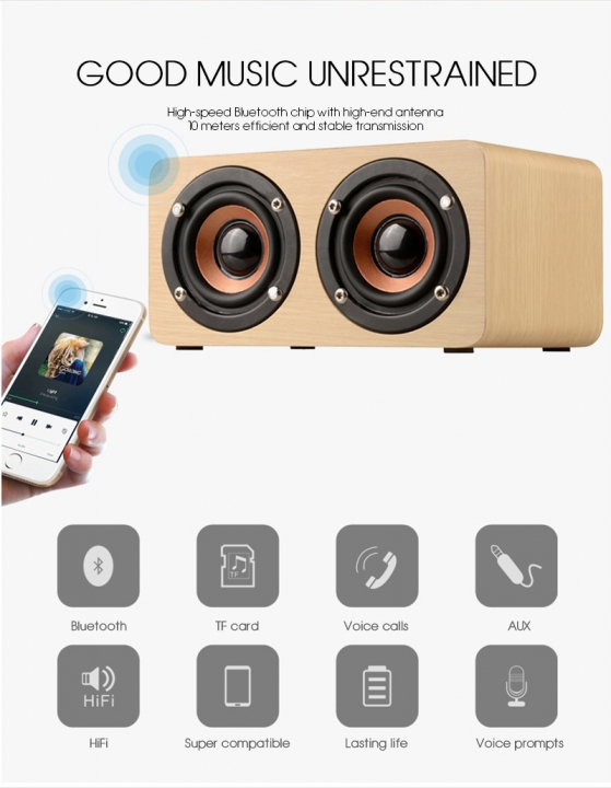 Wooden Wireless Bluetooth Speaker Portable HiFi Shock Bass TF card Soundbar for Phone