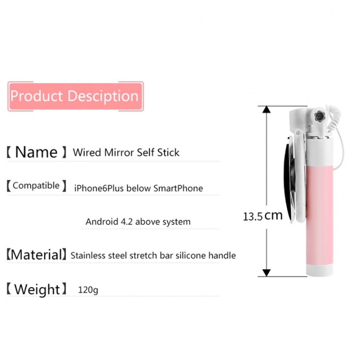 Mini Portable Extendable Wired Selfie Stick Cable Mirror Autodyne Artifact For Smart Phone