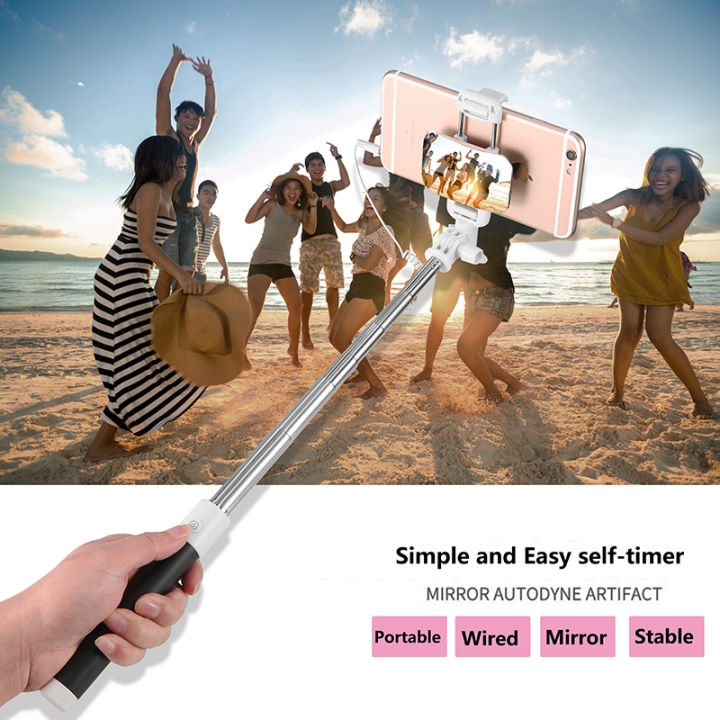 Mini Portable Extendable Wired Selfie Stick Cable Mirror Autodyne Artifact For Smart Phone