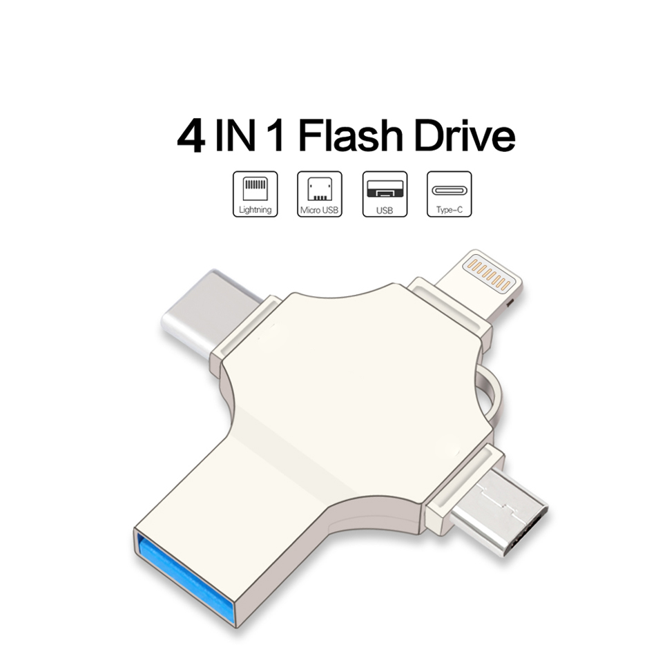 4 in 1 USB Flash Drive Pen Drive For iPhone /Type C Device Micro Usb Stick 16 32 64 128 Pendrive