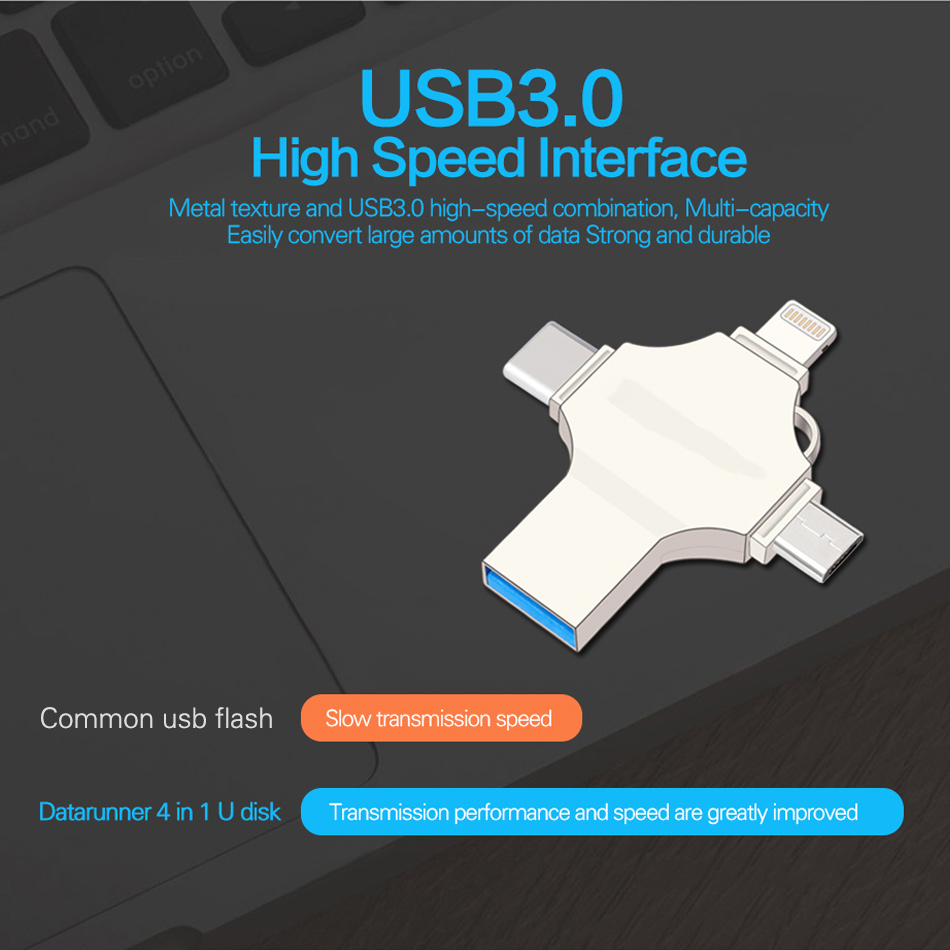 4 in 1 USB Flash Drive Pen Drive For iPhone /Type C Device Micro Usb Stick 16 32 64 128 Pendrive