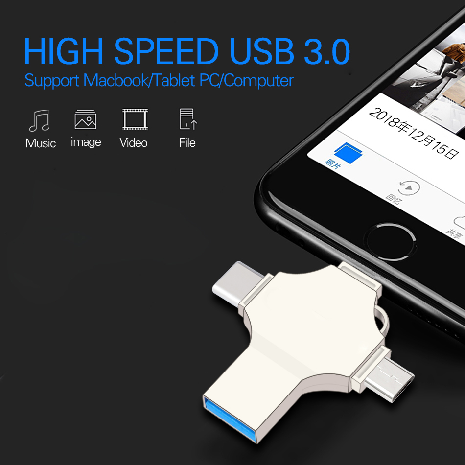 4 in 1 USB Flash Drive Pen Drive For iPhone /Type C Device Micro Usb Stick 16 32 64 128 Pendrive