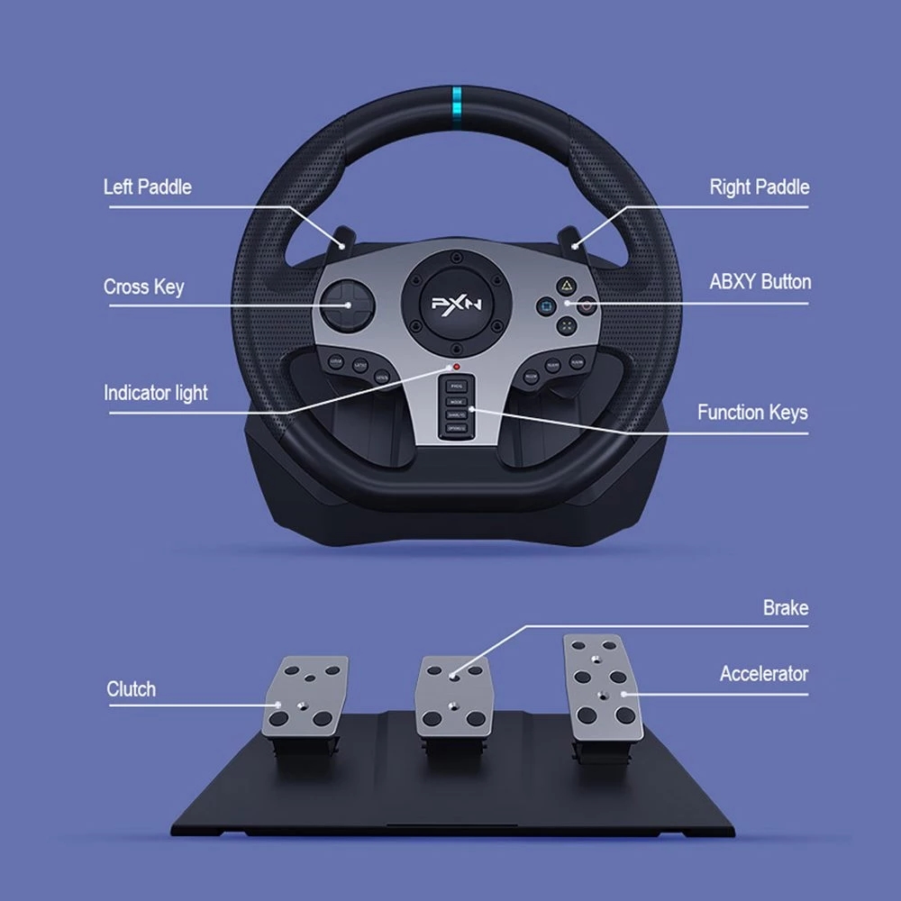 PXN V9 Gaming Steering Wheel Pedal Vibration Racing Steering Wheel Game Controller