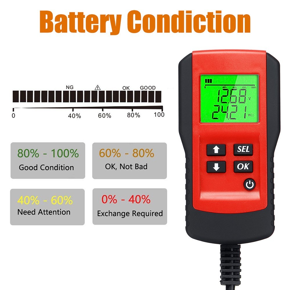 Digital 12V Car Battery Tester Load Test and Analyzer of Battery Life Percentage Deep Cycle Battery