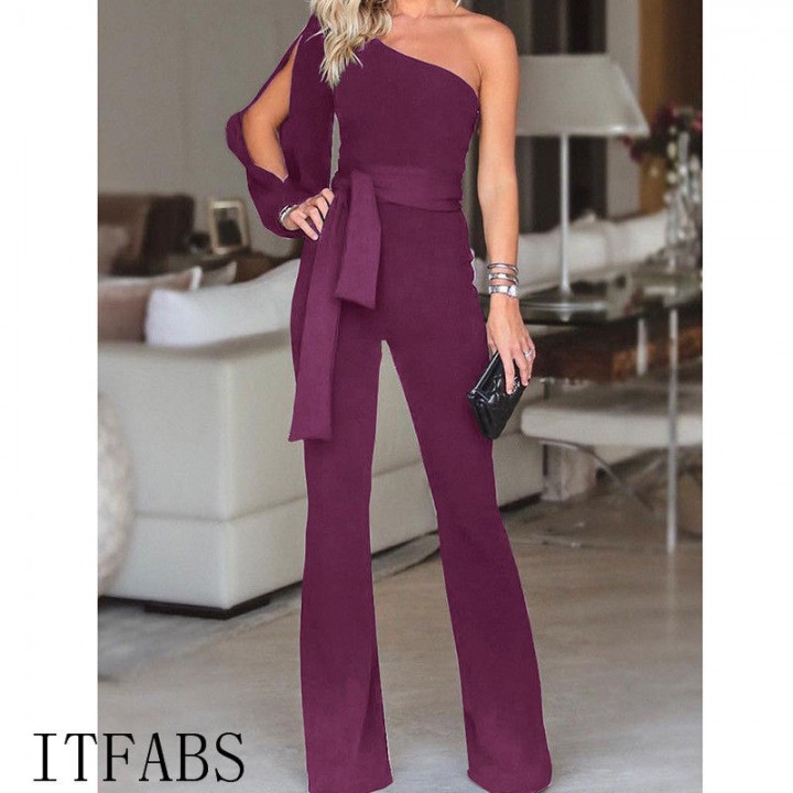 one shoulder split sleeve jumpsuit